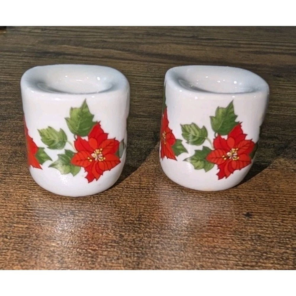 Vintage W Germany Poinsettia Mini Candle Holders Christmas Pair Funny Design